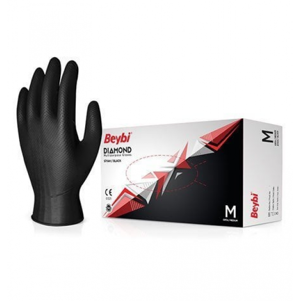 Beybi Diamond Nitril Eldiveni (Pudrasız)  Siyah  L  50 Adet/Kutu