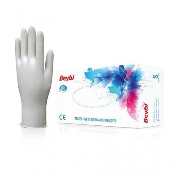 Beybi Nitril Muayene Eldiveni (Pudrasız)  Beyaz S  100 Adet/Kutu