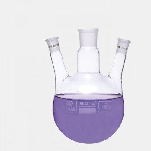 ISOLAB Balon - Dibi Yuvarlak - 3 Boyunlu - Yan Dişi Şilif - Merkez Boyun : NS 29/32 - Yan Boyun(Lar) : NS 14/23 - 1000 ml